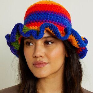 Colorful Rainbow Crochet Ruffled Bucket Hat (New)